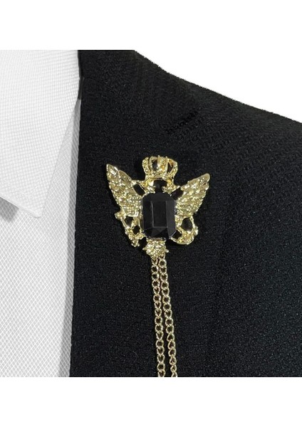 Premium Serisi Altın Renginde Siyah Taşlı Ceket Yaka Iğnesi Yaka Zinciri Broş modelleri