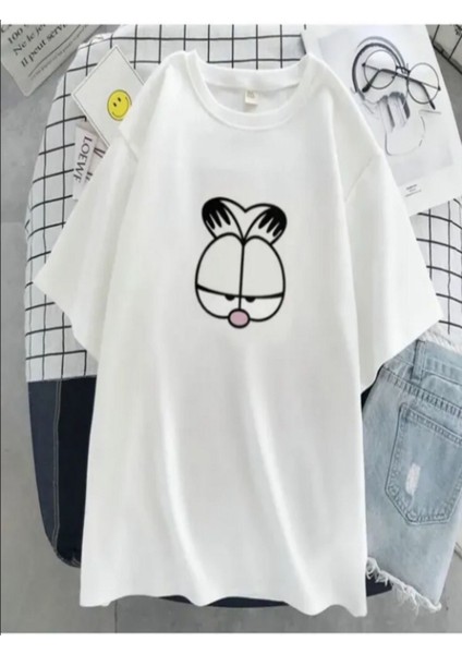 Beyaz Tshirt Garfield Baskılı Oversize T-Shirt