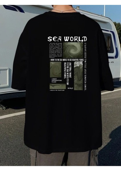 Siyah Oversıze Sea World Sırt Baskılı Bol Kesım Tshirt