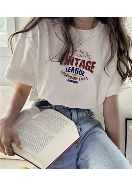 Beyaz Vintage Baskılı T-Shirt