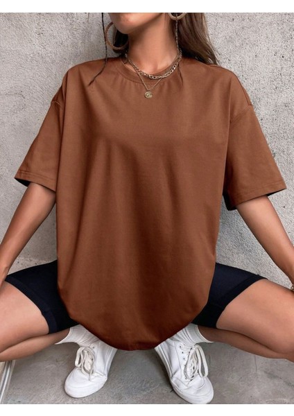Düz Baskısız Bisiklet Yaka T-Shirt Unısex Oversıze Tshırt Bol Kesim Tshirt