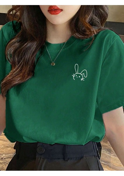 Kadın Nefti Yeşili Figür Tavşan Baskılı Oversize T-Shirt