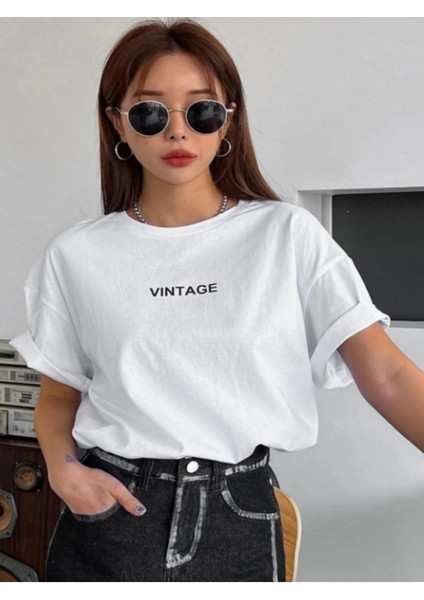 Beyaz Vintage Baskılı Basic Oversize T-Shirt