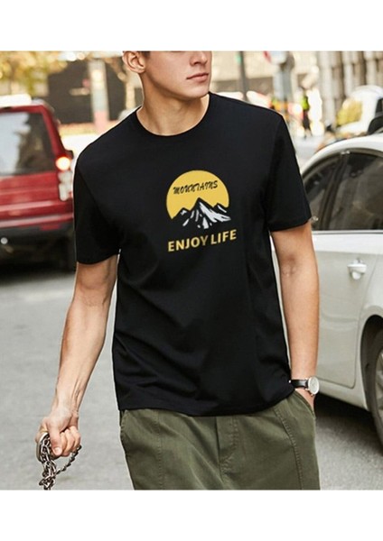 Siyah Oversıze Mountaıns Enjoy Lıfe Baskılı Bol Kesım Tshirt