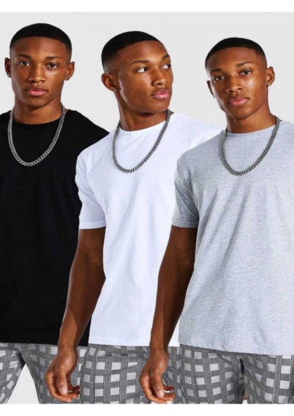Siyah Gri Beyaz 3lü Paket Basic Oversize T-Shirt