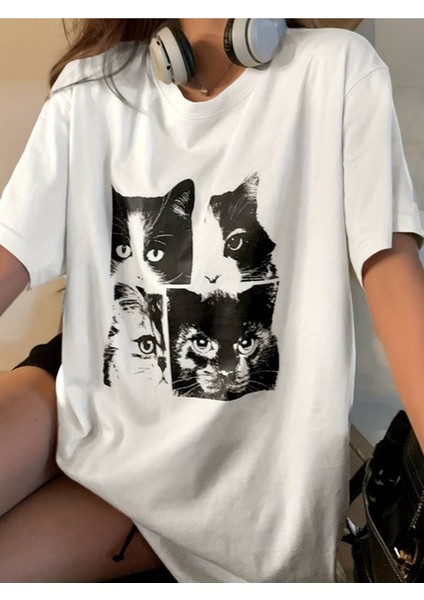 Unisex Kedi Surat Baskılı Oversize %100 Pamuk T-Shirt