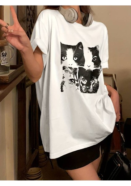 Unisex Kedi Surat Baskılı Oversize %100 Pamuk T-Shirt