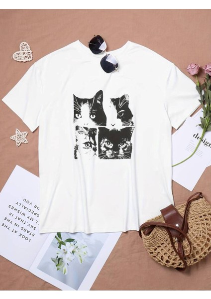 Unisex Kedi Surat Baskılı Oversize %100 Pamuk T-Shirt
