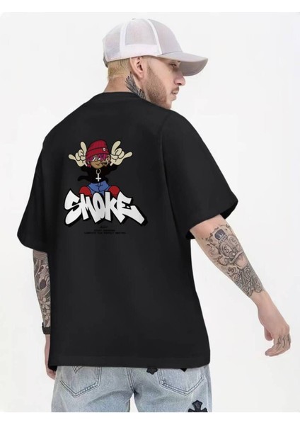 Unisex Siyah Smoke Baskılı Oversize %100 Pamuk T-Shirt
