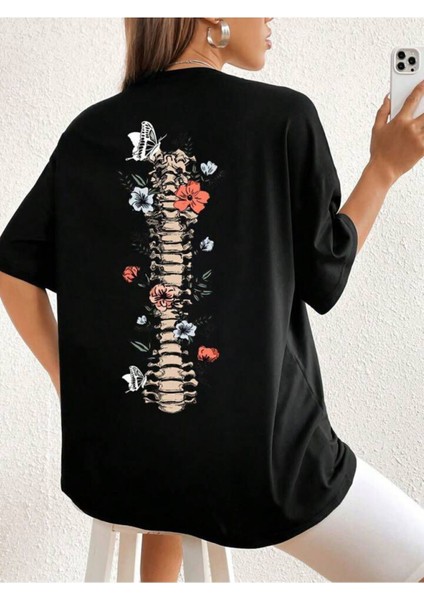 Unisex Siyah Grow Through It Baskılı Oversize %100 Pamuk T-Shirt