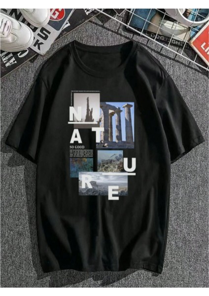 Siyah Oversıze Nature Baskılı Bol Kesım Tshirt