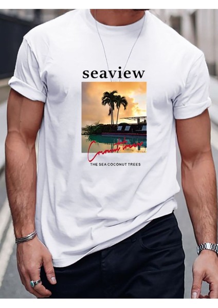 Beyaz Oversıze Seaview Manzara Baskılı Bol Kesım Tshirt