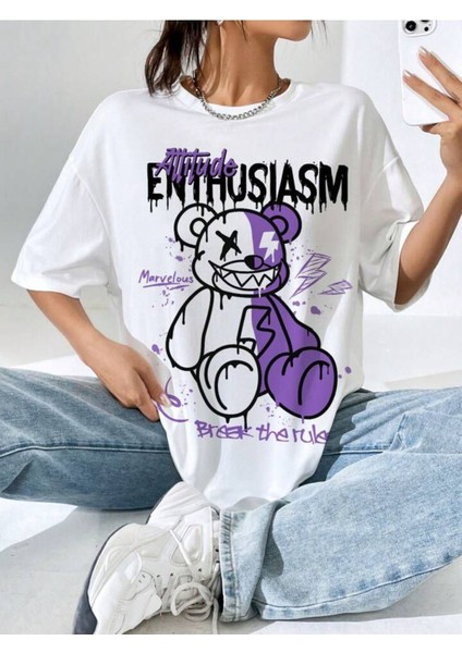 Unisex Attıtude Teddy Baskılı Oversize %100 Pamuk T-Shirt