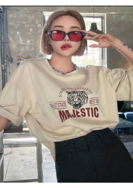 Kadın Bej Majestic Baskılı Oversize T-Shirt