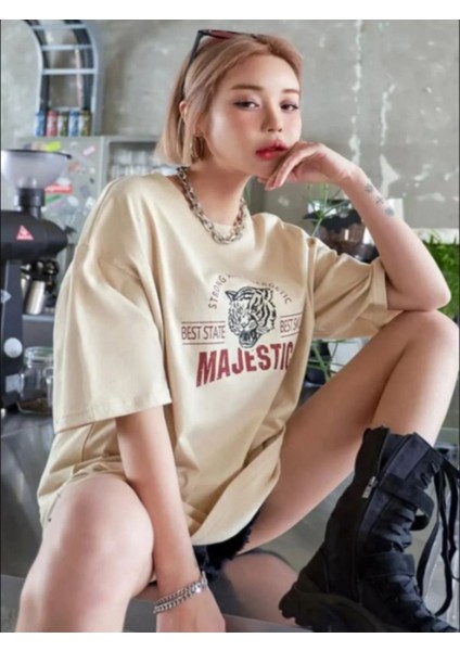 Kadın Bej Majestic Baskılı Oversize T-Shirt