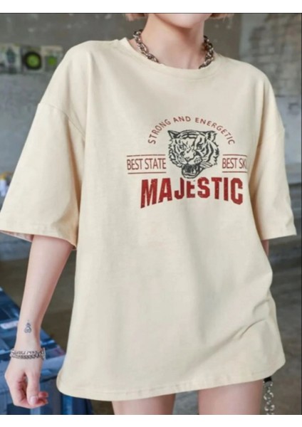 Kadın Bej Majestic Baskılı Oversize T-Shirt