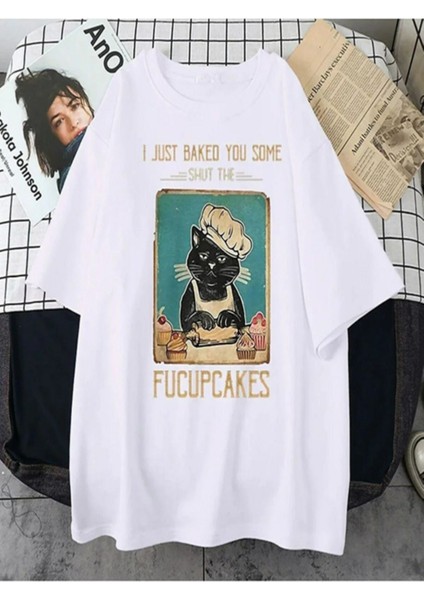 Aşçı Kedi Tasarım Baskılı Oversize Tshirt