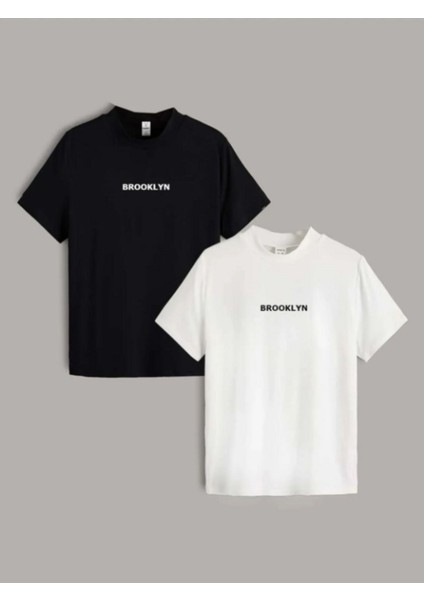 Unisex Brooklyn Baskılı Oversize Siyah & Beyaz 2'li T-Shirt
