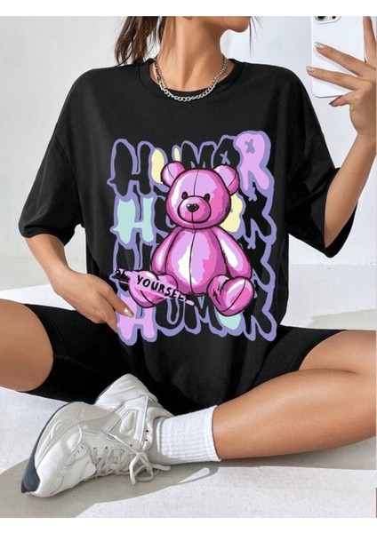 Unisex Attıtude Teddy Baskılı Oversize %100 Pamuk T-Shirt