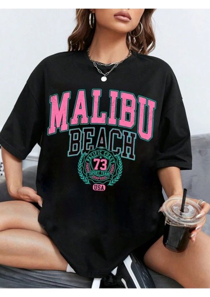 Unisex Malibu Baskılı Oversize %100 Pamuk T-Shirt