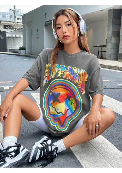 Unisex Taş Gri Happiness Baskılı Oversize %100 Pamuk T-Shirt