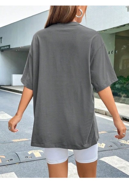 Unisex Taş Gri Happiness Baskılı Oversize %100 Pamuk T-Shirt