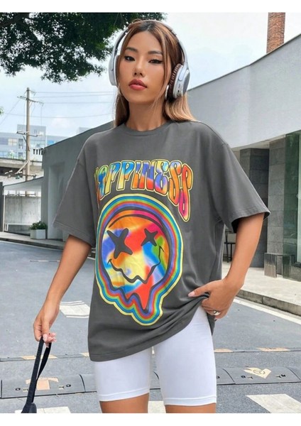 Unisex Taş Gri Happiness Baskılı Oversize %100 Pamuk T-Shirt