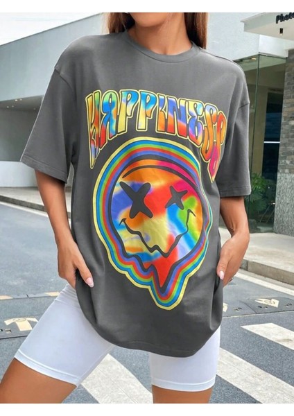 Unisex Taş Gri Happiness Baskılı Oversize %100 Pamuk T-Shirt
