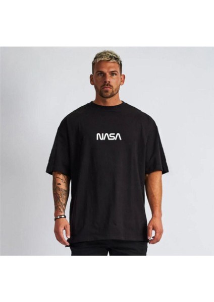 Siyah Nasa Yazı Baskılı Oversıze Bol Kesim Tshirt
