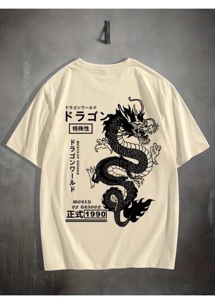 Unisex Dragon Baskılı Oversize %100 Pamuk T-Shirt