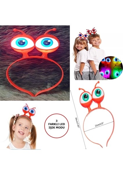 LED Işıklı Pilli 3 Farklı Modda Yanan Uzaylı Göz Parti Tacı Kırmızı Renk 18X12 cm