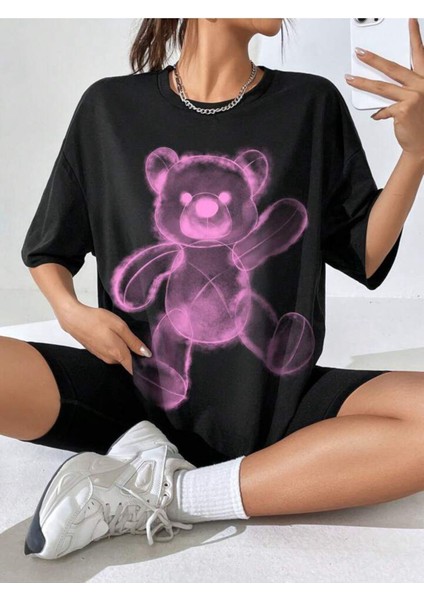 Unisex Attıtude Teddy Baskılı Oversize %100 Pamuk T-Shirt