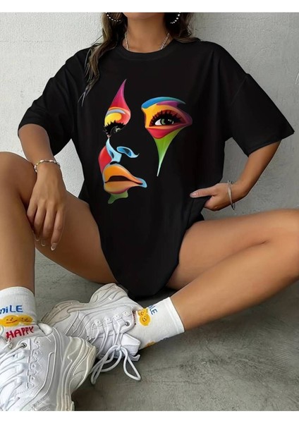Kadın Siyah Kadın Renkli Yüz Baskılı Oversize %100 Pamuk T-Shirt fiyatları