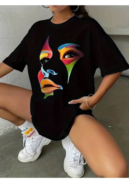 Kadın Siyah Kadın Renkli Yüz Baskılı Oversize %100 Pamuk T-Shirt indirimleri