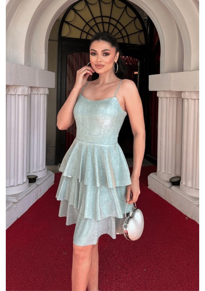 Simli Kumaş Sırtı Ipli Mini Elbise - Mint Yeşili modelleri