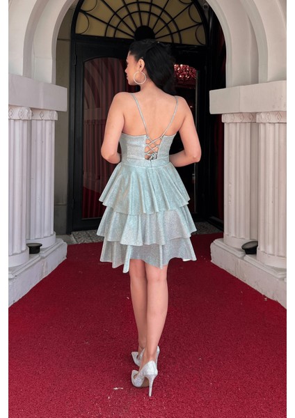 Simli Kumaş Sırtı Ipli Mini Elbise - Mint Yeşili indirimleri