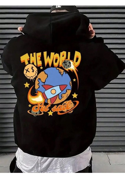 Unisex The Wworld Baskılı Oversize Pamuklu Kapüşonlu Sweatshirt