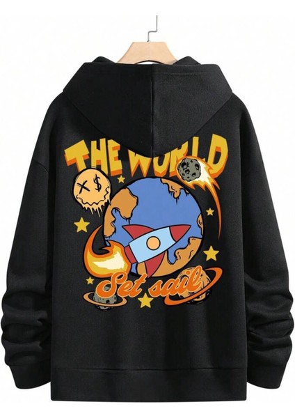 Unisex The Wworld Baskılı Oversize Pamuklu Kapüşonlu Sweatshirt