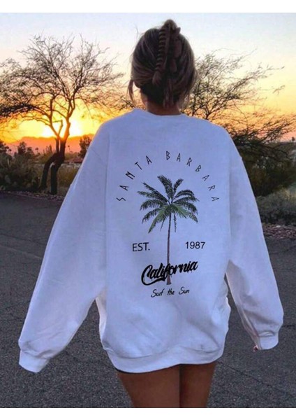 Unisex Beyaz California Baskılı Oversize Bisiklet Yaka Pamuklu Kışlık Sweatshirt Hoodie