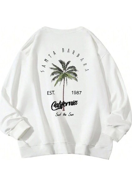 Unisex Beyaz California Baskılı Oversize Bisiklet Yaka Pamuklu Kışlık Sweatshirt Hoodie fiyatları