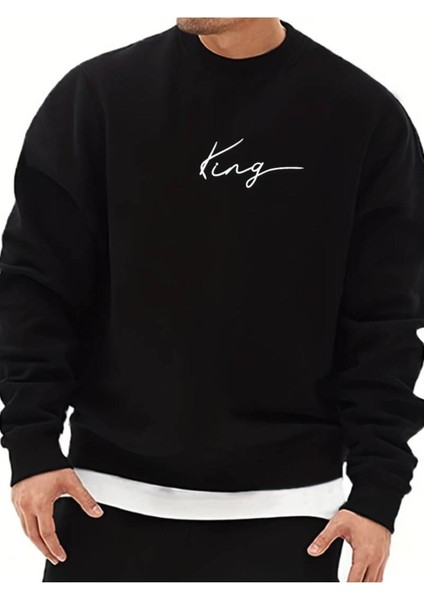 Unisex King Baskılı Oversize Bisiklet Yaka Sweatshirt Hoodie