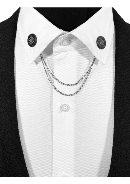 Siyah Çerçeve Içinde Gri Renginde Desenli Metal Gömlek Yaka Iğnesi Yaka Zinciri