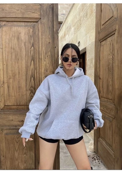 Unisex Gri Oversize Kapüşonlu Pamuklu Kışlık Sweatshirt Hoodie
