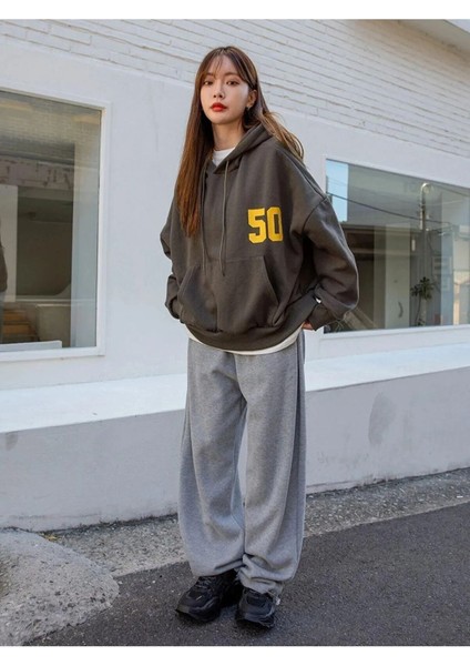 Unisex Antrasit 50 Management Baskılı Oversize Sweatshirt Hoodie