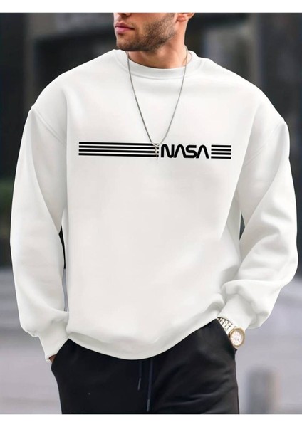 Unisex Beyaz Nasa Baskılı Oversize Sweatshirt Hoodie