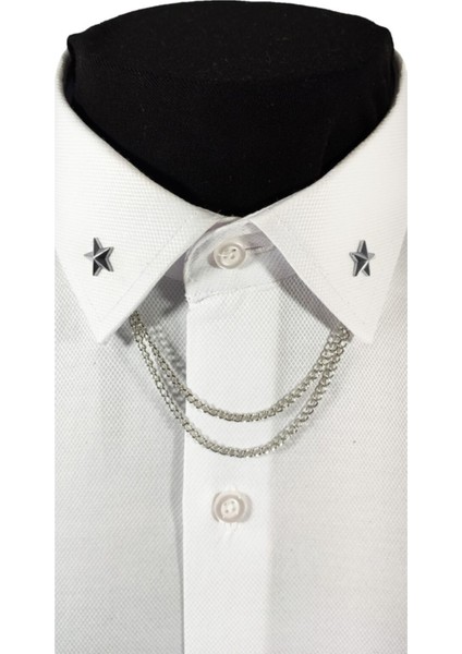 Yıldız Figürlü Gümüş Gri Renginde Metal Gömlek Yaka Iğnesi Yaka Zinciri