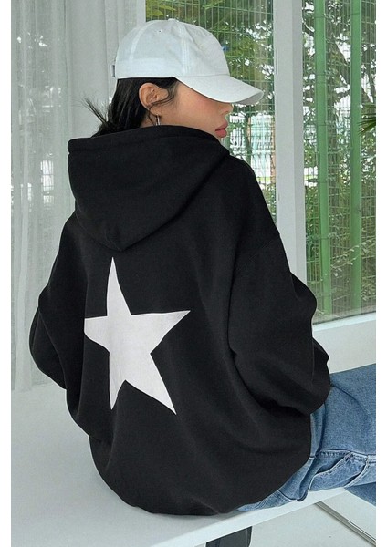 Unisex Yıldız Baskılı Oversize Pamuklu Kışlık Kapüşonlu Sweatshirt Hoodie