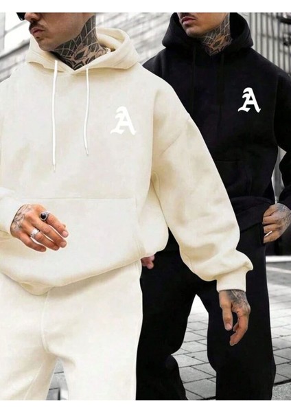 Unisex Bej Siyah A Baskılı 2'li Oversize Pamuklu Kapüşonlu Sweatshirt Takım