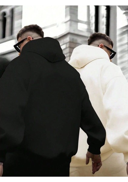 Unisex Bej Siyah A Baskılı 2'li Oversize Pamuklu Kapüşonlu Sweatshirt Takım