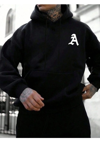 Unisex Bej Siyah A Baskılı 2'li Oversize Pamuklu Kapüşonlu Sweatshirt Takım